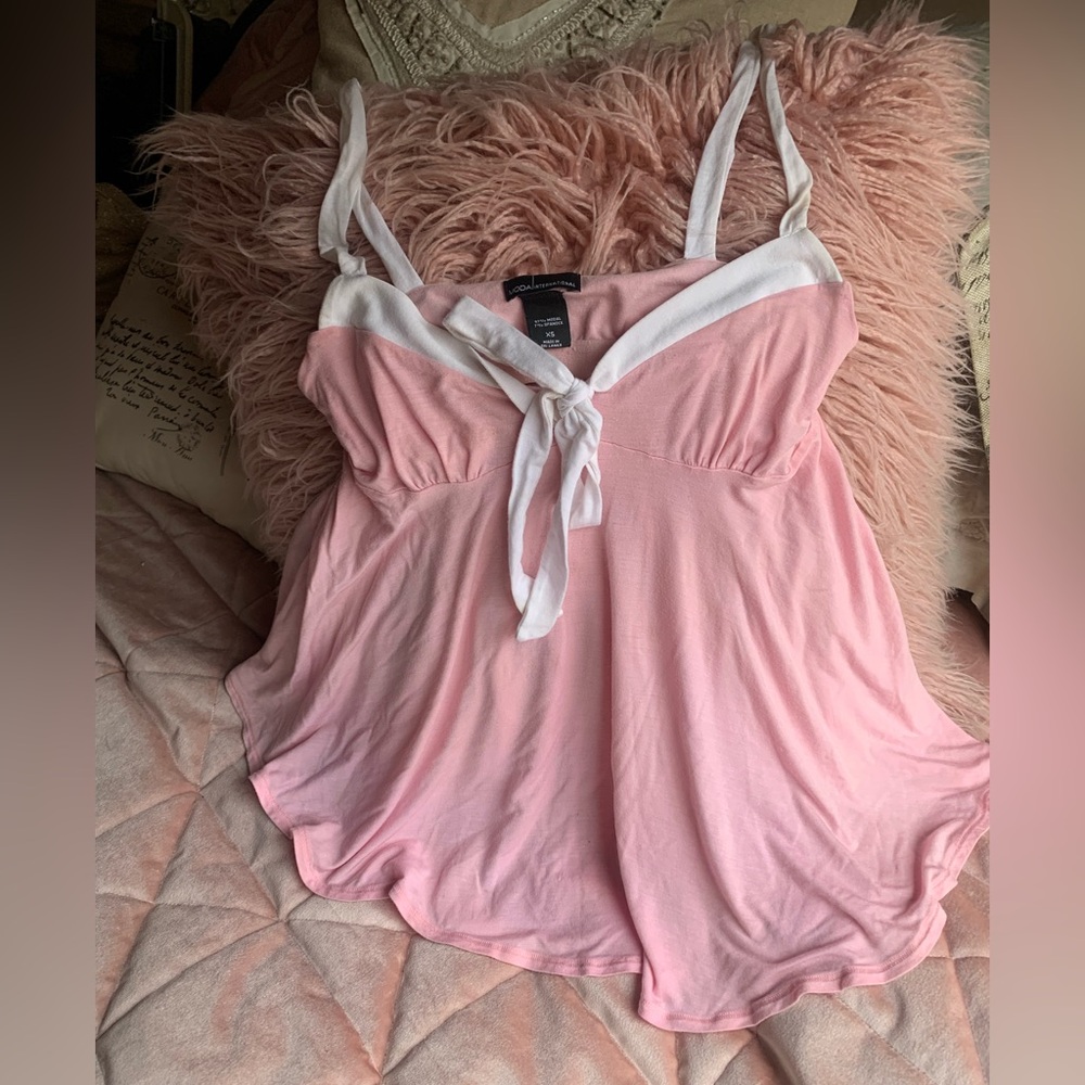 Moda International Y2K Babydoll top Pink with White trim.